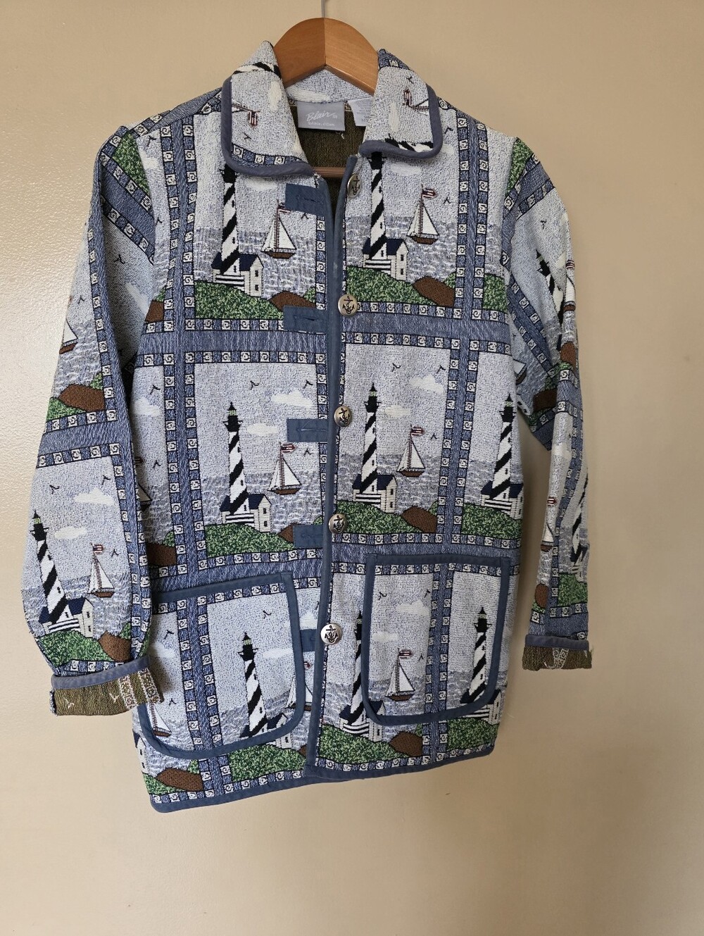Vtg 90s Blair Nautical Lighthouse Tapestry Jacket S Coastal Grandma Fisherman